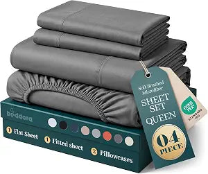 Queen Sheets Set, 4 Pcs 16" Deep Pocket Hotel Luxury Bed Sheets, Dark Grey