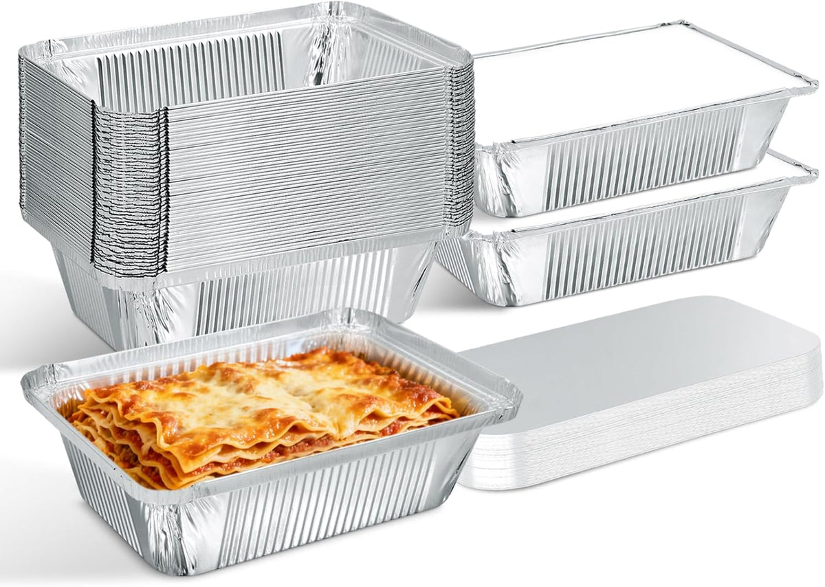 50-Pack Small Aluminum Pans with Lids, 8.5"x6", 2.25LB