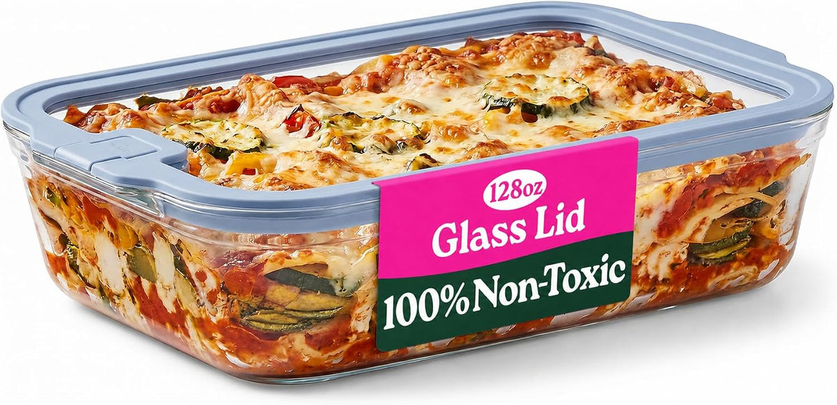 Non-Toxic Glass Baking Dish with GLASS LID, Deep Casserole Dish, Borosilicate Glass 128 oz - 9 x 13 Equivalent Size baking pan Airtight Glass Food Container, Oven, Freezer and Microwave Safe, PLASTIC FREE