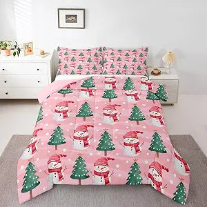 Feelyou Kawaii Snowman Bedding Set Soft for Boys Girls, Merry Christmas Comforter Set Full Size Xmas Theme Duvet Quilt Microfiber Bedroom Decor 3 Pcs with 2 Pillow Cases
