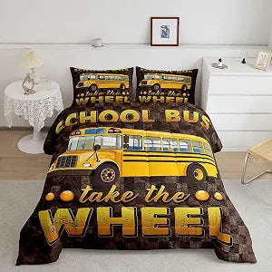 School Bus Comforter Set Full for Boys Teens Grids Camouflage Quilted Duvet Kids Girls Youth School Car Bedding Set Lattice Camo Design Soft Microfiber Bedding Comforters With 2 Pillowcases