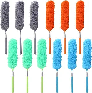12 PCS Microfiber Feather Dusters, Extendable from 31 to 13 Inches, Bendable Washable Cleaning Tools, Metal Pole Ceiling Fan Dusters for Car Office Window Furniture Conditioner
