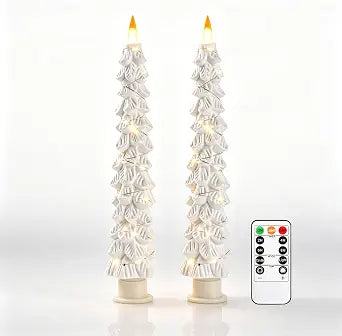 2 Pack White Christmas Tree LED Taper Candles, Flameless Flickering Candles with Copper String Lights, Upgraded Realistic Flame Effect, Battery Operated with Remote for Christmas Home Decoration