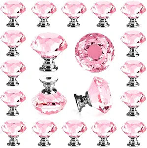 DEELF 25 Packs Kitchen Cabinet Knobs, 30 mm Crystal Cabinet Knobs, Diamond Dresser Handle Drawer Pulls, Dresser Knobs for Cabinets and Drawers, Pink