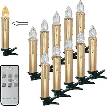 Flameless LED Taper Candles with Clips, 4 Battery Operated Window Candles with Remote Timer Mini LED Chandelier Candlesticks for Home Decor Wedding Church Party & Tree Lighting,10 Pack,Gold