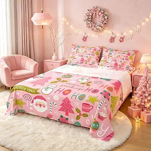 Erosebridal Pink Christmas Bed Sheets, Cartoon Santa Claus Sheet Set Twin for Kids Boys Girls Women Bedroom, Snowman Pine Fitted Sheet + Christmas Tree Cute Deer Top Sheet + 1 Xmas Decor Pillow Case