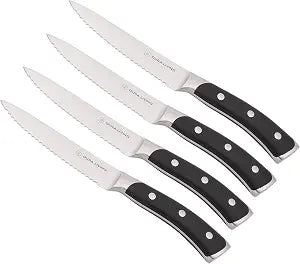 DURA LIVING 4-Piece Serrated Kitchen Steak Knife Set  Forged High Carbon Stainless Steel, Ultra Sharp, Ergonomic Black Handles, Durable Dinner Knives, Black Handle