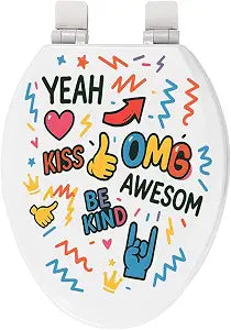 Toilet Seat, Slow Close, Premium Moulded Wood, Quick Release, 3D Relief Texture, PIKLiDS, Doodle 3D Series (Pop Phrases, Elongated)
