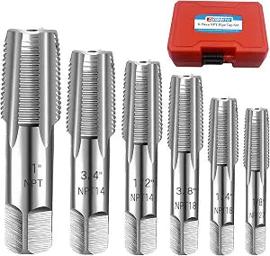 6-Piece NPT Pipe Tap Set, 1", 3/4", 1/2", 3/8", 1/4", 1/8" NPT Tap Set, Carbon Steel Hand Threading Plumbing Tap Set for Accurate Threads, Assorted Plumbers Mechanics DIY Thread cutting tools