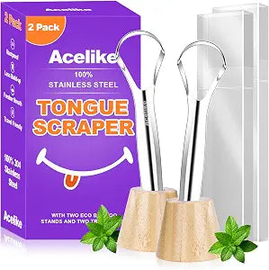 Tongue Scraper for Adults (2 Pack), 2 Bamboo Holder and 2 Travel Case, 100% Stainless Steel Tongue Scraper, Reducing Bad Breath, Tongue Cleaner for Oral Care & Hygiene, Home and Travel Use