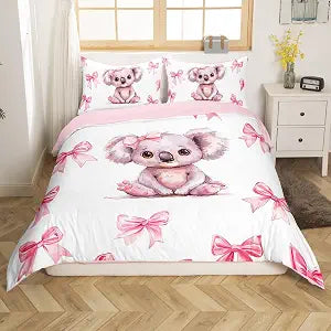 Erosebridal Kids Koala Full Bedding Set Dreamy Princess Bowknot Comforter Cover Pink Kawaii Bow Duvet Cover Cute Cartoon Animal Quilt Cover for Boys Girls Teen Room Decor