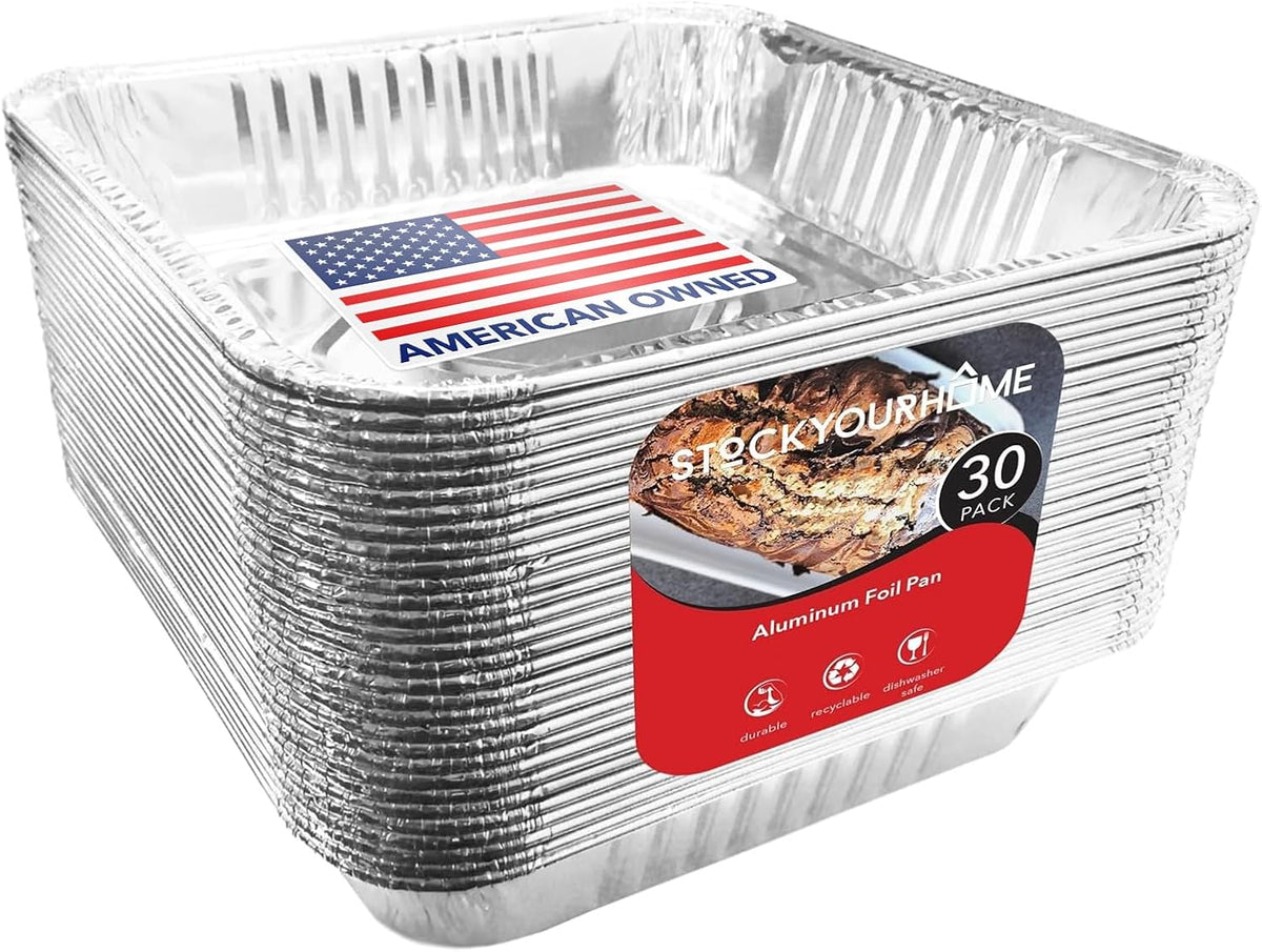Stock Your Home 9x9 Aluminum Foil Pans - 8.75" L Rim (30 Pack) Square Tins for Toaster Oven- Cooking Lasagna, Casserole, and doing Food Prep - Disposable Baking Pan for Cake or Brownie Dish