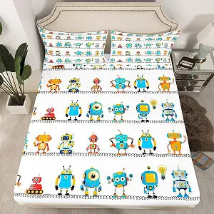 Manfei Watercolor Robots Fitted Sheet Twin Size Cartoon Toy Theme Bed Cover White Solid Color Bedding Set 2pcs for Kids Teens Boys Room Decor,Soft Cute Bed Sheets with 1 Pillowcase
