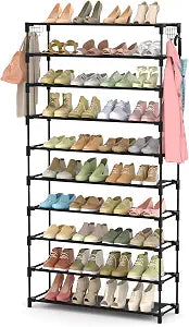 LANTEFUL 10 Tiers Shoe Rack 50 Pairs Large Capacity Tall Shoe Organizer Sturdy Shoe Storage with Two Hooks Space Saving Metal Wide Shoe Rack for Closet, Entryway, Bedroom, Black