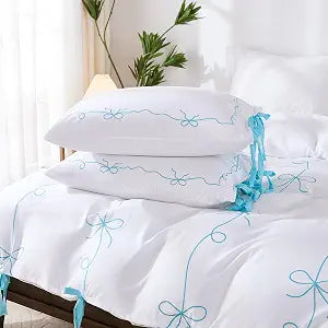 Teal Bow Duvet Cover Twin Blue and White Bedding Set Bowknot Bow Tie Design Super Cute Coquette Bedding Girls Boys Romantic Comforter Cover