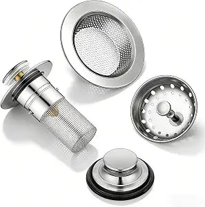 4-Piece Sink Drain Kit: Stainless Steel Strainer Stopper with Handle & Removable Hair Catcher for Kitchen/Bathroom Sinks (1.34"-1.57" Hole), Includes 2 Rubber Gaskets