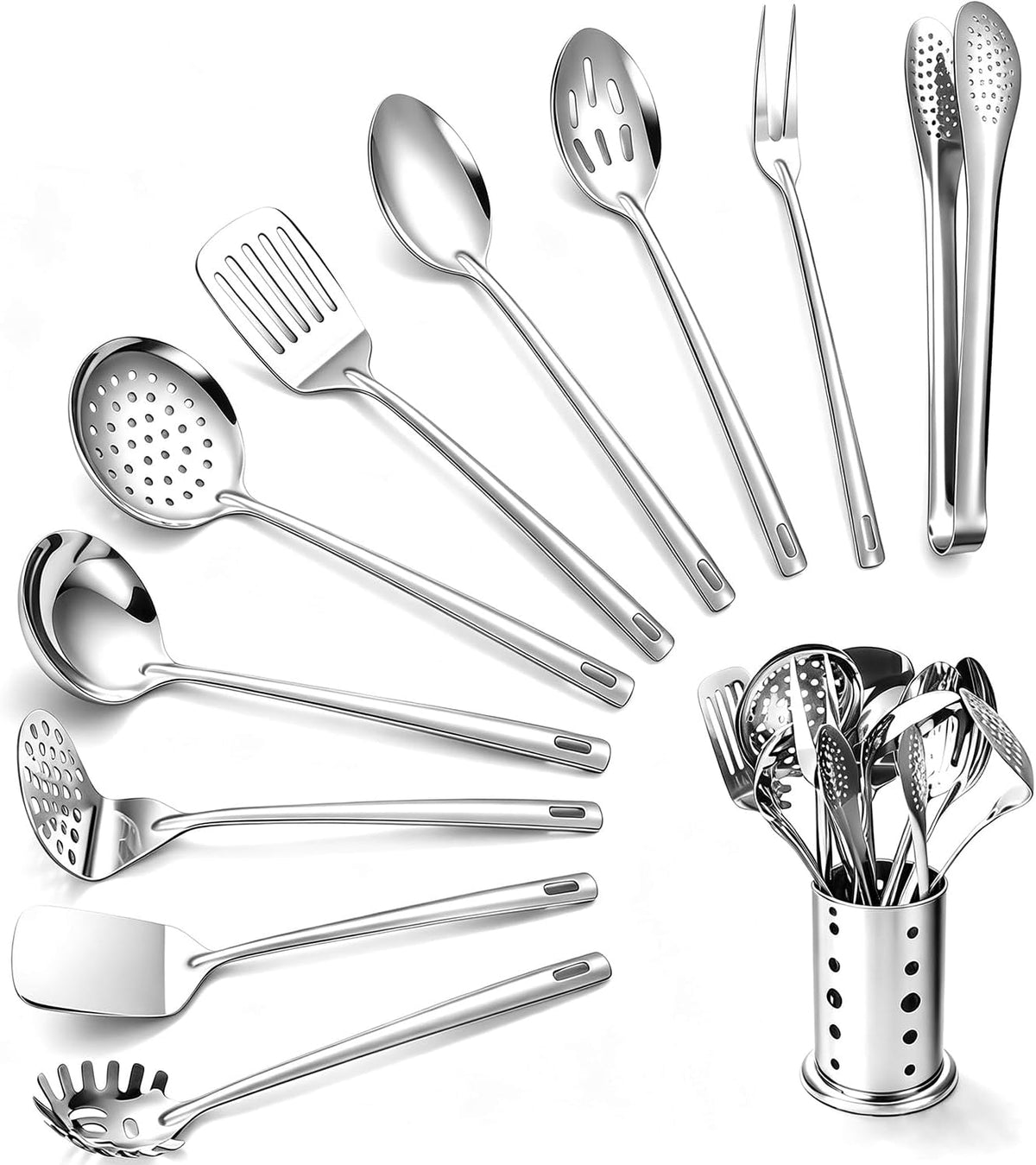 Lazycorner Kitchen Utensils Set, 11pcs Stainless Steel Cooking Utensils Set with Holder - Includes Turners, Potato Masher, Spatula, Spoons, Pasta Server, Tongs, Soup Ladle, Serving Spoon