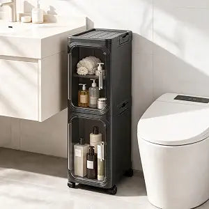 2 Tier Slim Narrow Bathroom Storage Cabinet with Wheels, Foldable, Black