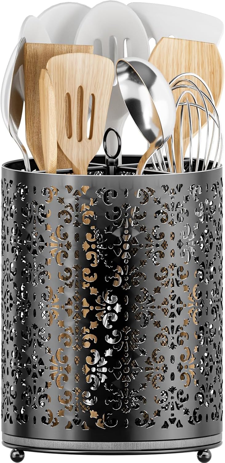360 Rotating Utensil Holder: Extra Large Cooking Silverware Caddy QuickDry