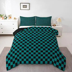 jejeloiu Teal Checkerboard Comforter Set Queen Size Bedding Set