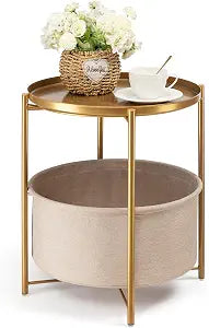 danpinera Gold Side Table with Basket, Small Round Table for Living Room