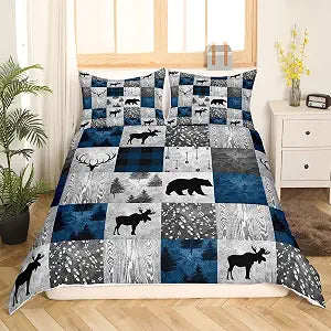 Erosebridal Rustic Bear Duvet Cover King for Teens Boys,Buffalo Plaid Check Bedding Cabin Lodge Decor,Wild Animal Elk Antler Pattern Comforter Cover,Hunting Deer Patchwork Quilt Cover 3pcs Soft