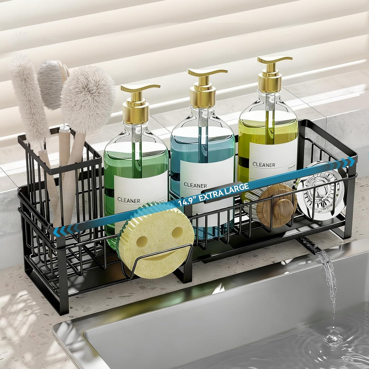 Extra Large Extendable Sponge Holder for Kitchen Sink Caddy Organizer