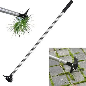 BARAYSTUS Weed Puller 61" Adjustable Long Handle, 2-in-1 Weed Rake & Crack Weeder with Detachable Head, Stainless Steel Weeding Tool for Lawn, Yard, Garden & Sidewalk Cracks, Weed Remover