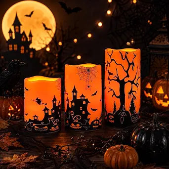 Homemory Orange Halloween LED Candles, Waterproof, Remote Timer, Set of 3
