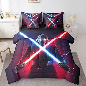 Feelyou Kids Lightsaber Comforter Set with Sheets 3D Galaxy Neon Blue Red 7 Piece Bedding Set Twin Size for Boys Girls Bedroom Bed Decor Fighters Lightsaber Bed in a Bag Neon Lightsaber Bed Set