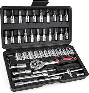 46PCS 1/4 Inches Ratchet Socket Wrench Set, Metric Socket Ratchet Wrenches Set, Ratcheting Wrench Tool Sets for Men, Premium Small Car Tool Kit for Automotive, Household Maintenance and Repairs