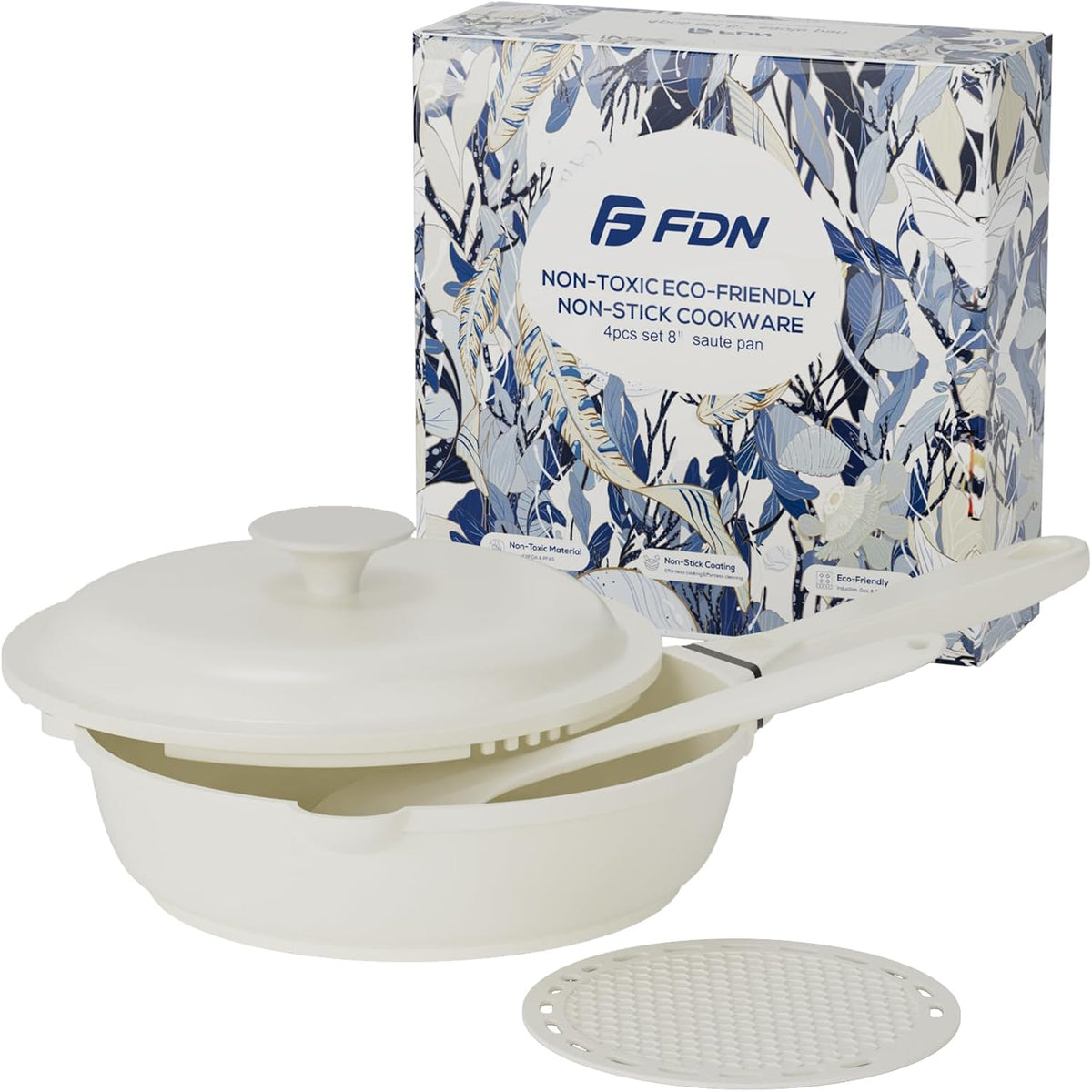 FDN 8" Titanium Non Stick Frying Pans With Lid, Ceramic Pans for Cooking, Non-Toxic PFAS-Free, Induction & Oven-Safe Cookware, Cream White For Daily Cooking