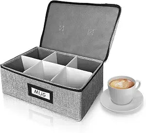 HURZMORO Cup and Mug Storage Box with Dividers  Stackable Hard Shell Organizer with Zipper Lid and Handles, Holds 6 Coffee Mugs or Tea Cups, Ideal for Moving and Packing(Grey)
