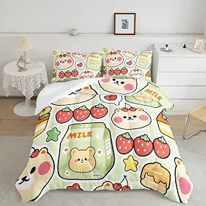 Datura home Kawaii Strawberry Bear Comforter Bedding Set for Kids Boys and Girls Teens, Cute Cartoon Fruit Print Light Green with 1 2 Pillowcases(Kawaii Twin 68x86inches)