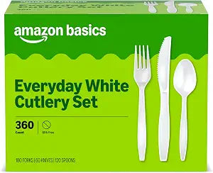 Amazon Basics Disposable Everyday White Assorted Cutlery Set, 360 Count, Large Combo Pack, Forks, Spoons, and Knives