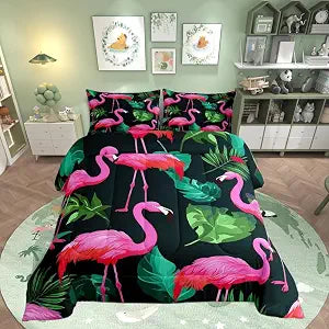 Flamingo Kids Comforter Set Full Size,Tropical Botanical Palm Leaves Bedding Set,Girls Women Room Decor,Wild Birds Animals Hawaii Summer Beach Down Comforter,Pink Green Duvet Insert,2 Pillowcases