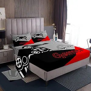Feelyou Kids Gamer Bed Sheets Set Boys and Girls Gaming Bedding Set Video Game Controller Fitted Sheets 4Pcs Sheets Includes 1 Sheet & 1 Flat Sheet with 2 Pillowcases Red Black (Full)