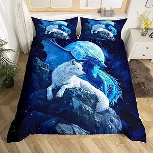 Wolf and Dragon Duvet Cover Set Queen Size,Western Magical Animals Bedding Sets 3Pcs for Kids Girls Boys Adult Room Decor,Moonlight Night Comforter Cover Natural Mountain Quilt Cover,2 Pillowcases