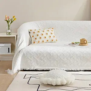 Homcosan Sofa Slipcovers Towel Cover Cotton Knit Geometrical Couch Cover for 2-3 Seat Cushion Couch Furniture Pet Protector Stylish Throws for Sectional Couch(White,71''x118'')