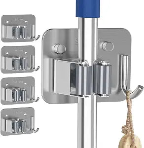 4 Pack Stainless Steel Mop and Broom Holder Wall Mount with Hook, Silver