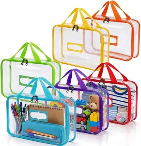 6 Pack Clear Toy Storage Bags with Labels, 13x9.8x4.5 in Waterproof PVC Toy Organizer Bags, Double Zipper and Handles, Puzzle Organizer and Board Game Storage for Blocks, Classroom and Travel