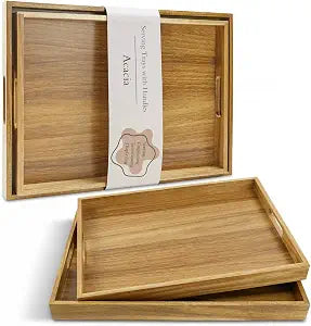 Acacia Wood Serving Tray with Handles, Set of 2 Rustic Decor Platters