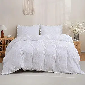 Boho Duvet Cover King, Tufted Duvet Cover ��� 3-Piece White Bedding Set with Pom Pom Edges and Zipper Closure, Boho Bedding King, Includes 1 (104"x90") Duvet Cover and 2 Pillowcases