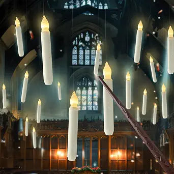 Homemory Hanging Floating Candles with Wand Remote and String, Flying Flameless LED Taper Candles Warm White Light, Battery Operated Window Candles with Wand for Halloween Christmas Party, 12 Pcs