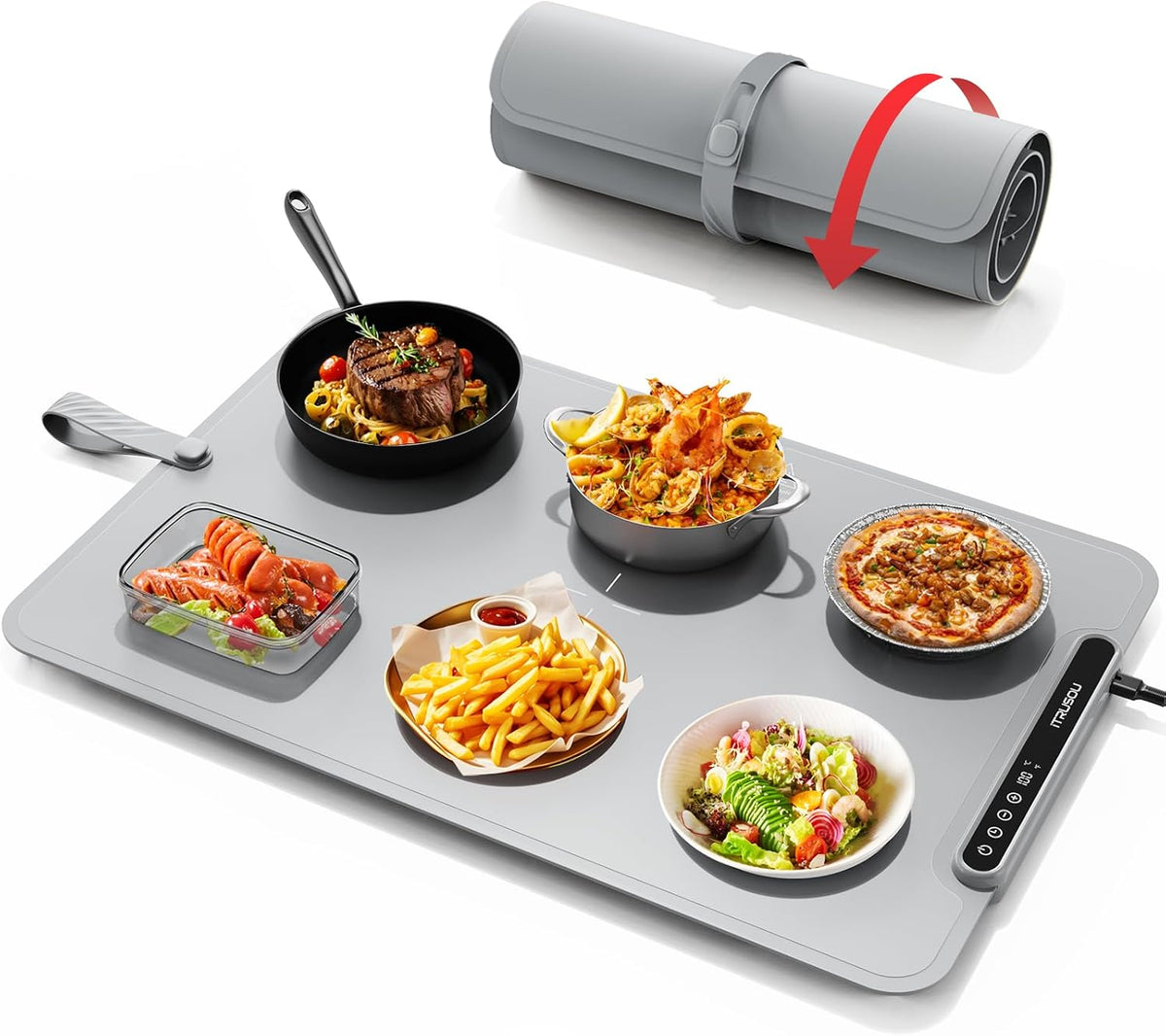 Warming Mat for Food, iTRUSOU Electric Warming Tray 99H Continuous Heat,7 Temp Settings,Patented Full-Surface Heating,F/C Switch,Flexible Roll-Up Food Warmers for Parties Buffet,Everyday Use