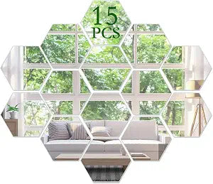 3D Hexagon Acrylic Mirror Wall Decor - Self Adhesive Tiles (15 PCS)