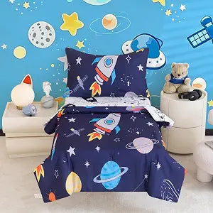 Toddler Bedding Set for Boys, Blue Space Toddler Boy Bedding Set, Soft & Lightweight 4 Piece Rocket Toddler Comforter Sets Include Comforter, Flat Sheet, Fitted Sheet, Pillowcase