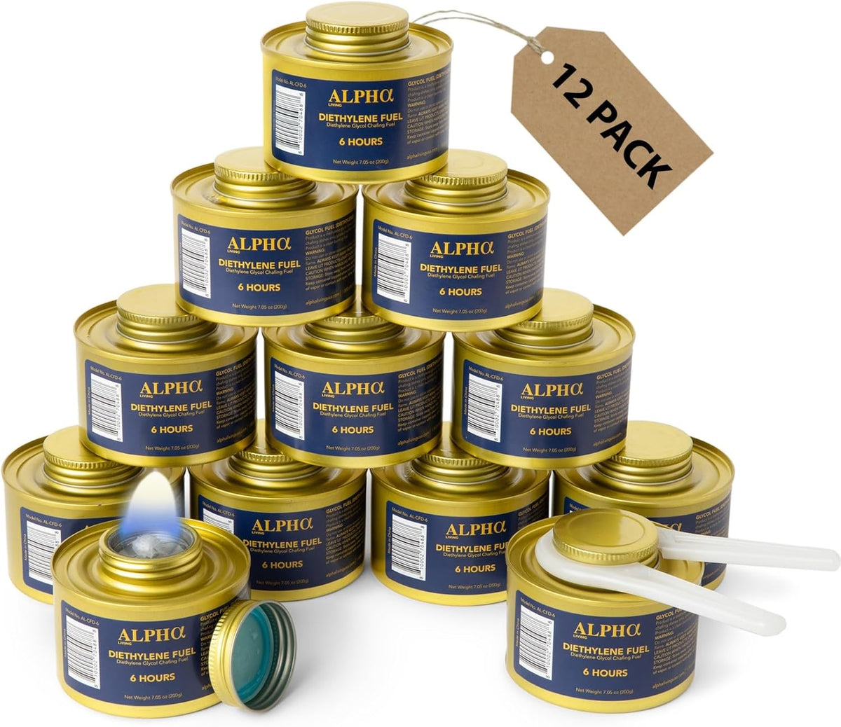 Alpha Living - Luxe Gold Edition - 6 Hour Chafing Fuel - Food Warmer for Chafing Dish Buffet Set - Liquid Safe Fuel with Wick & Lid Opener for Chafing Dish Gold Canister for Luxry Events (12 Pack)