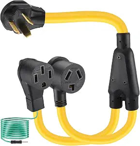 Tellegloww 30 Amp Dryer Y Splitter to RV/EV NEMA 10-30P to 14-50R/10-30R 3 Prong 30A to 4 Prong 50 A Y Adapter Cord for EV Charging Dryer 10 AWG with Safety Ground Wire, 3FT(Yellow)