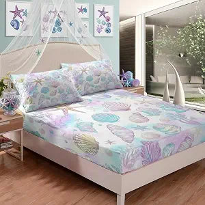 Summer Coastal Full Size Fitted Sheet,Hawaii Beach Shell Conch Starfish 3 Pieces Kids Teenager Room Decor Seaside Marine Life Coral Fantasy Purple Blue Pocket 2 Pillowcases